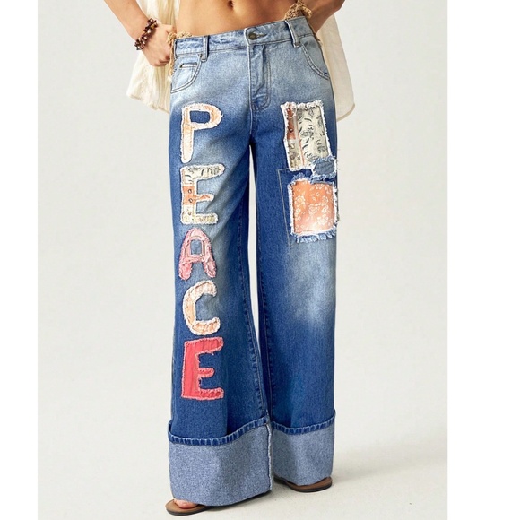 Boho Medium Wash Peace Floral Print Patch Denim Straight Leg Jeans - Picture 2 of 5